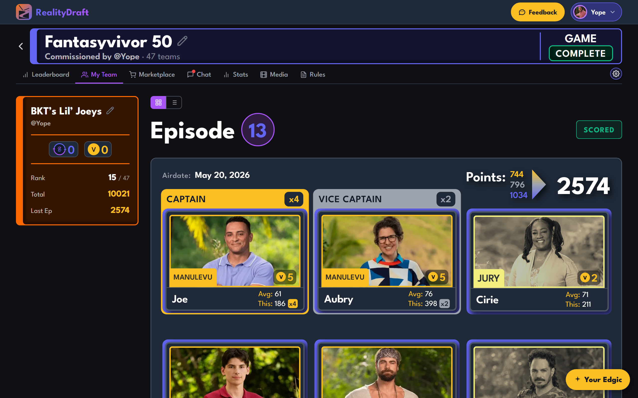 RealityDraft current build: episode view with captain cards